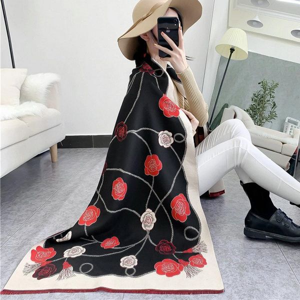 

autumn winter cashmere scarf women designer double-sided camellia print blanket scarves ladies shawl and wraps my2026, Blue;gray