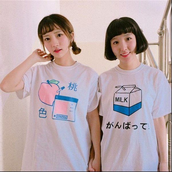 

kawaii ulzzang harajuku aesthetic t shirt milk cartoon short sleeve peach print tees korean fashion casual women clothing, White