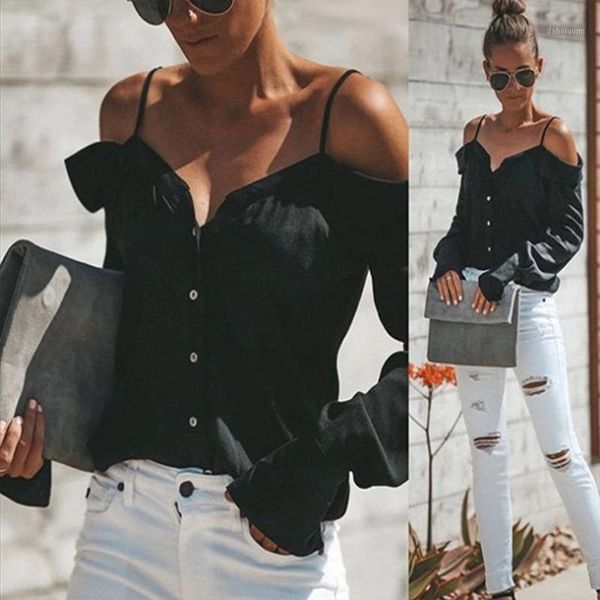 

hoolo women summer off shoulder casual buttons strap shoulder women shirts long lantern sleeve solid v-neck blouse1, White