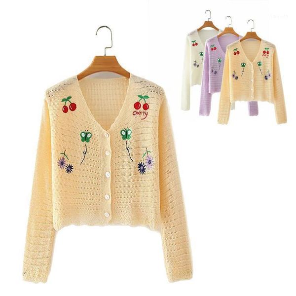 

cherry butterfly flower ribbed knitted cardigan women autumn spring winter basic cropped sweaters female casual short jumper, White