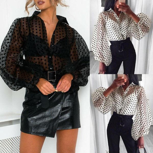 

2020 au puff sleeve perspective women shirts polka dot mesh sheer see-through long sleeve blouse tee shirts, White