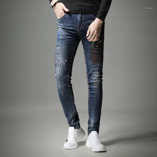 

autumn winter fashion men print embroidery stretch straight blue jeans1