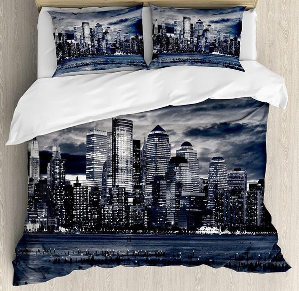 

bedding sets city duvet cover set dramatic view of york skyline from jersey side clouds buildings charcoal grey black white1