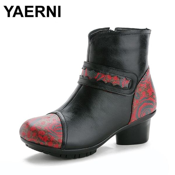 

boots yaerni retro handmade women spring soft genuine leather shoes woman ankle square high heels for, Black