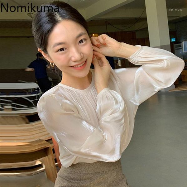 

nomikuma korean pleated o-neck blouse causal solid long sleeve pullover 2020 new autumn women blusas shirt 6d4791, White