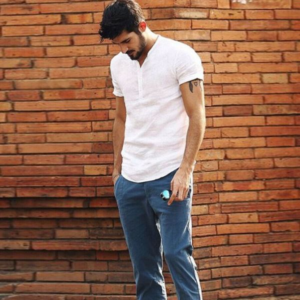 

men's linen short sleeve shirts summer solid casual loose soft shirt beach holiday basic men' clothes kg-303, White;black