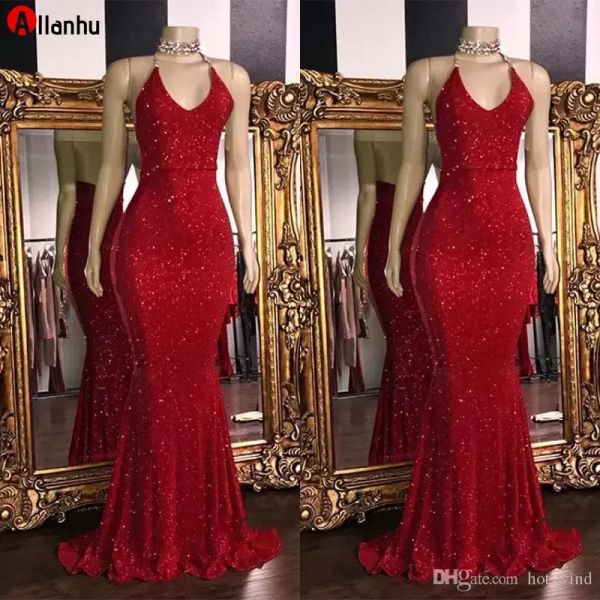 2022 Sparkly Red PaillettenSexy V-Ausschnitt rückenfreie Ballkleider 2019 Neckholder Meerjungfrau Lange Ballkleider Low Back Arabisches Partykleid DWJ0128