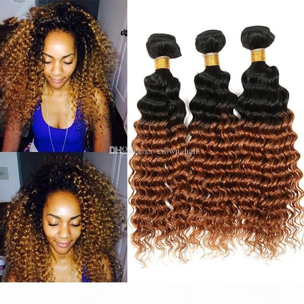 

дешевые orice мед блондинки пакеты волос глубокие вьющиеся волосы weaves 3pcs lot # 1b 30 двух тональные наращивания волос для молодой девуш, Black