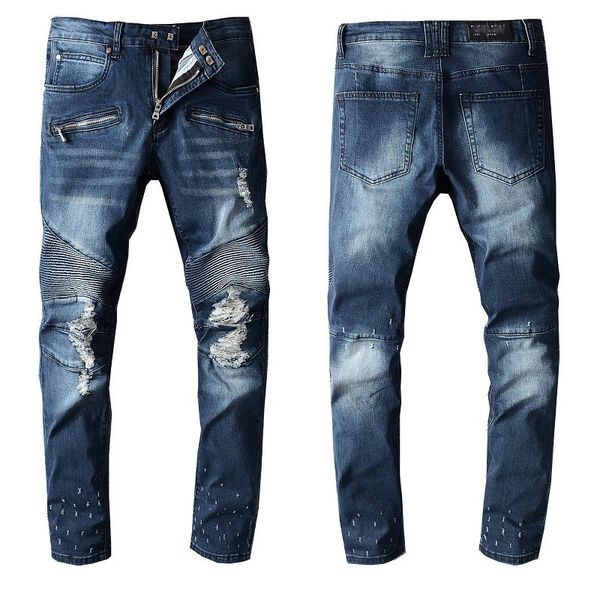 

white men's ripped tapered leg jeans distressed knee holes slim fit denim pants oscar de la renta, Blue