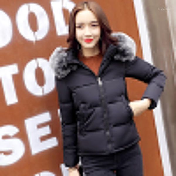 

2017 new fashion big fur collar warm hooded autumn winter jacket women womens cotton padded short coat casaco feminino1, Black;brown