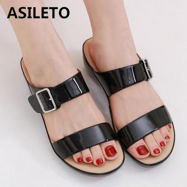 

dress shoes asileto 2021 women sandals open toe 4cm wedge heels patent leather buckle slip-on stylish classic big size 36-42 s21591, Black