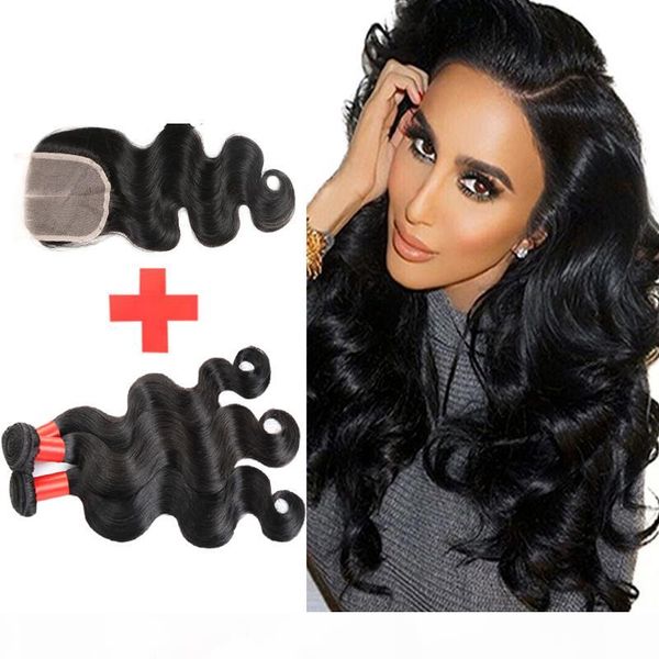 

grade 7a brazilian virgin hair with closure brazilian human hair weave 3 bundles brazilian body wave with lace closure, Black