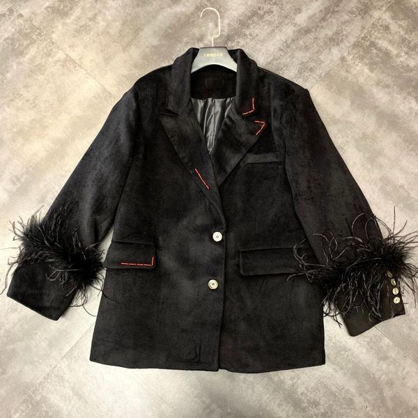 

ewq] 2020 spring new fashion feathers full sleeve patchwork velour warm women loose coats vintage all match black blazers qz4151, White;black
