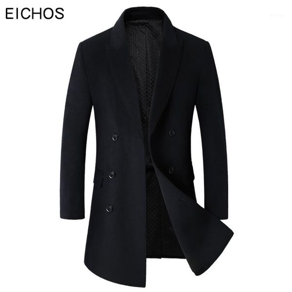 

eichos 2018 new winter thick wool coat men fashion double breasted long jacket men slim business casaco masculino solid color1, Black
