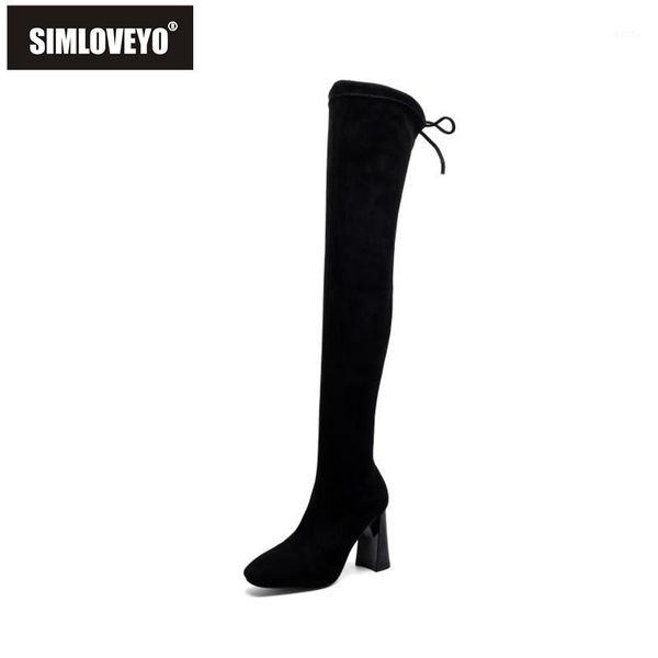 

boots simloveyo women winter over the knee round toe special block heel flock lace-up slim big size 34-43 black casual b17891