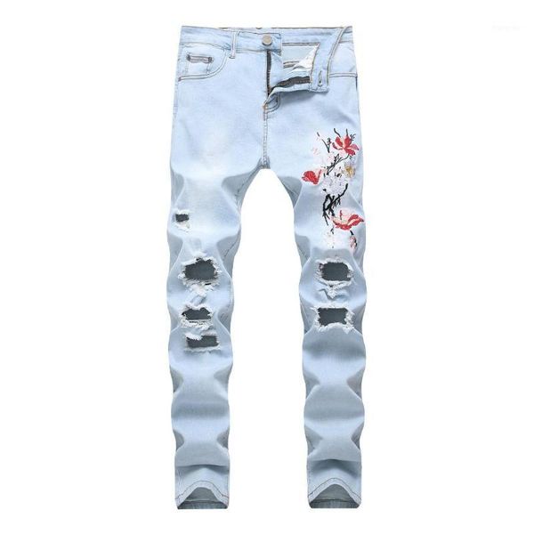 

new designer light blue embroidered jeans men slim fit ripped jeans mens embroidery biker denim pants dropshipping1