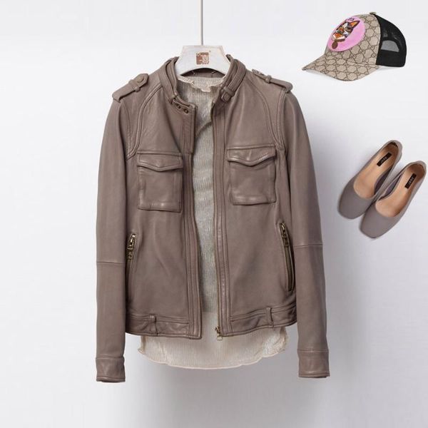 

women's leather & faux women 2021 genuine real sheepskin jacket pink motorcycle coat ladies short cuero genuino 9822 pph528, Black