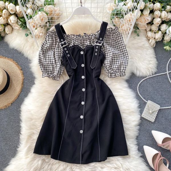 

women plaid strap dress korean slash neck off shoulder button puff sleeve dress summer patchwork a line sundress, Black;gray