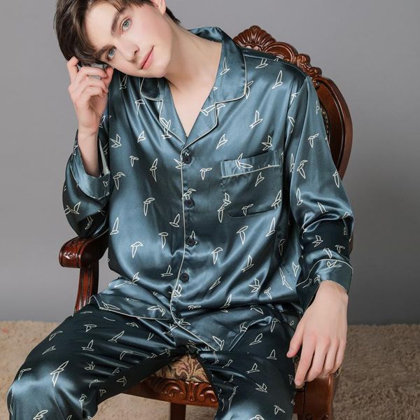 

pajamas springtrousers luxury men clothing silk thin pajamas suit male homewear summer long-sleeved men's printed sleepwear, Black;brown