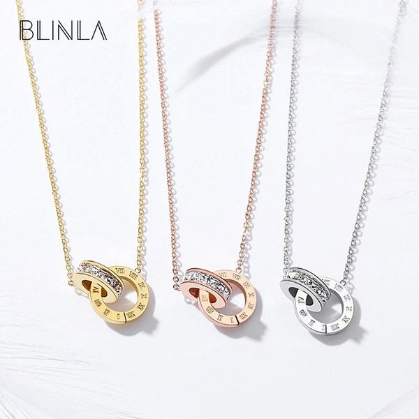 

pendant necklaces blinla korean luxury crystal gold for women double round stainless steel roman numeral wedding necklace, Silver