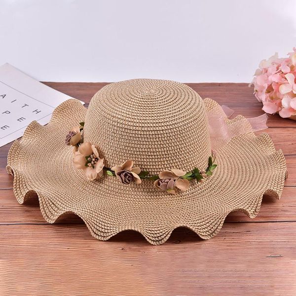 

wide brim hats parent-child sun hat big beach handmade floral straw cap girls summer women, Blue;gray