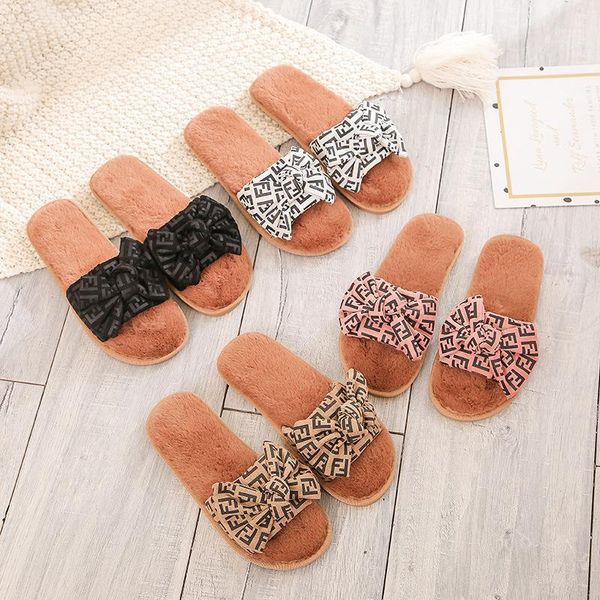 

slippers 2021 est winter woman cotton slip on faux fur warm shoes non-slip home sandals bow soft flats female house bow-knot1, Black