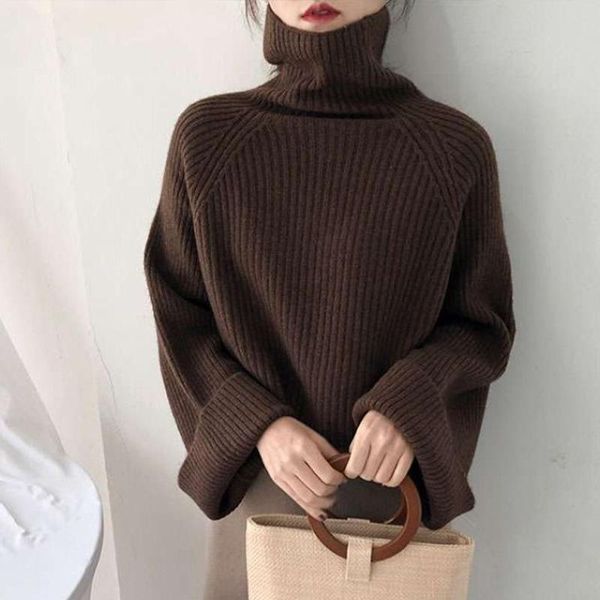 

women's sweaters thicken knitted turtleneck sweater solid loose batwing sleeve female pullovers 2021 autumn winter ladies korean, White;black