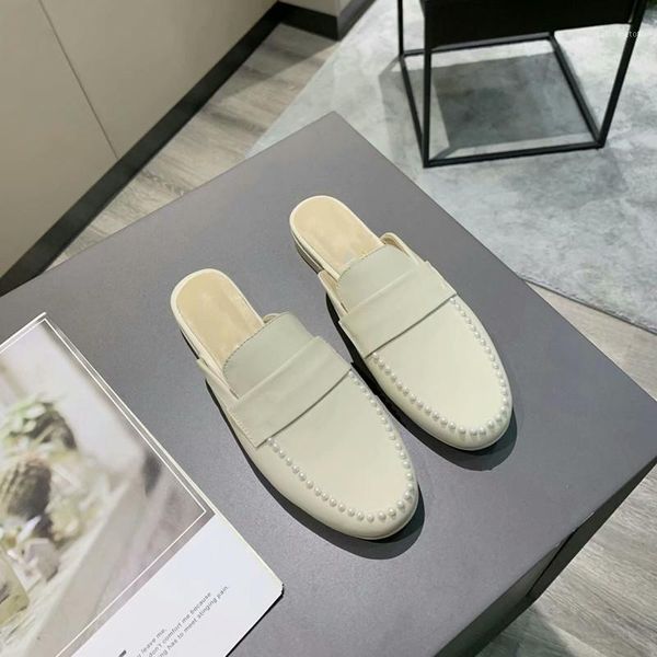 

spring summer casual flat multi color female slides genuine leather pearl decor women mule shoes1, Black