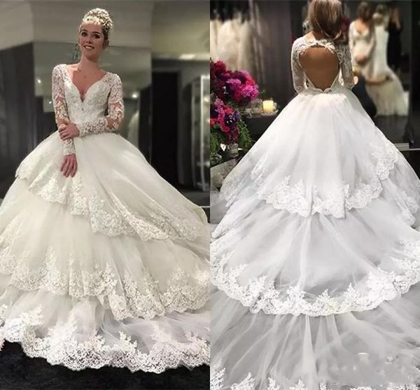 

2021 luxury tiered wedding dresses long sleeves lace applique beaded deep v neck backless cathedral train custom made wedding gown, White