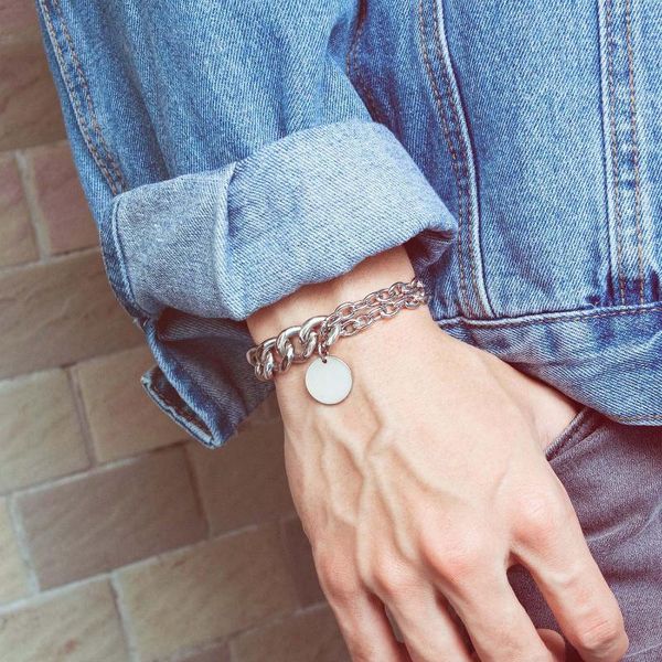 

factory9k1ostainless fashion punk chain link bracelet for men steel lobster clasp bangle round coin wrist hip-hop male jewelry, Black