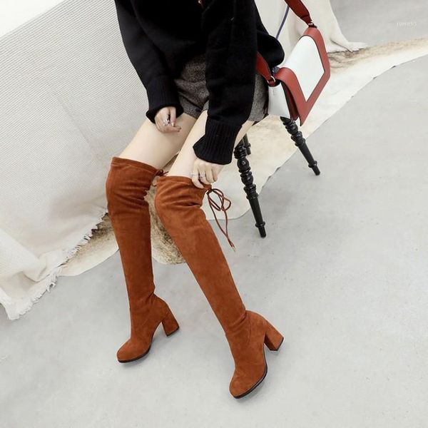 

ymechic 2020 new plus large size 34-45 block high heels lace up knee high ridding flock knight boots winter autumn womens shoes1, Black