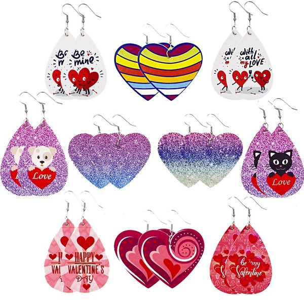 

valentine's day women pu leather earrings dangle waterdrop charm earring printing bear love double-sided couple earrings designer jewel, Silver