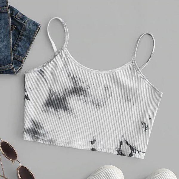 

tie dye ribbed slim strpa tank women crop summer 2020 casual sleeveless tee street fashion cute ladies, White