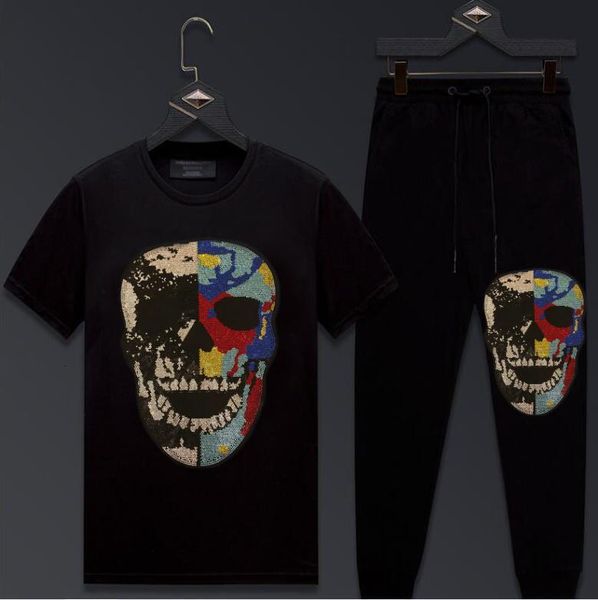 

2021 new men sets clothing fashion tracksuit casual sportsuit short sleeve diamond stone two piece set lp6j, Black