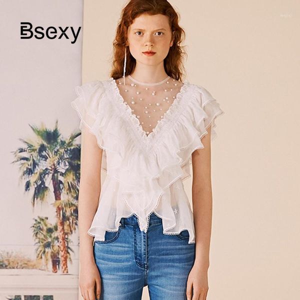 

women's blouses & shirts women's sheer 2021 see though ruffles chiffon white blouse women pears beaded mesh lace and chem