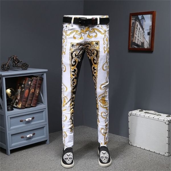 Luxury Gold Print Jean Homme Slim Designer Denim Jeans Uomo Erkek Kot Pantolon SkinnyGold Denim Stretch Fancy Party Pants 201223