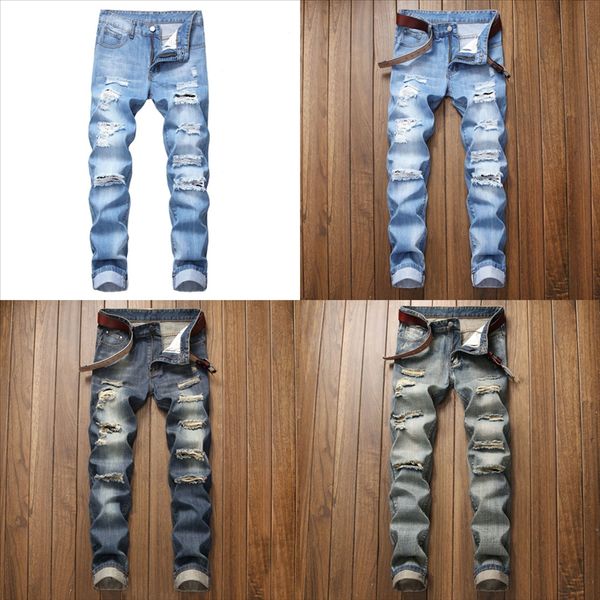 

m0zbn fashion blue hole jeans for man men stretch jeans vintage denim pencil zipper pants skinny trousers hole ripped male casual bottom, Black
