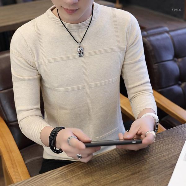

2021 men's pure color jacquard all-match pullover base sweater youth round neck casual thin sweater1, White;black