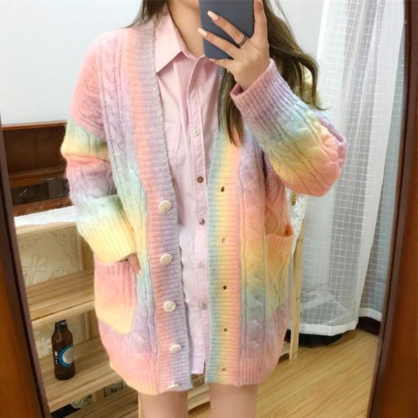 

rainbow sweater women sweet autumn winter knitted cardigan sweater female casual warm button-down cardigan coat women 2020 new1, White
