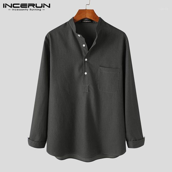 

2021 fashion men shirt brand stand collar long sleeve korean blouse pockets casual shirts streetwear loose camisas s-5xl incerun1, White;black