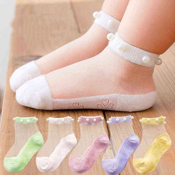 5 Paar Perlen-Spitzensocken, elegante Prinzessinnen-Stil, transparentes Netz, kurze Socken für Babys, atmungsaktiv, weich, für Kleinkinder, Mädchen, einfarbige Socken, G1224