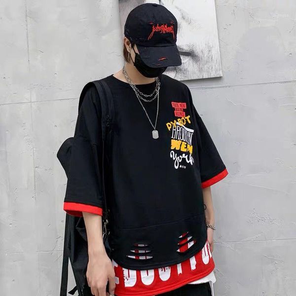 

2020 hip hop patchwork tshirt streetwear men cool half sleeve shirts black summer loose t shirt fashion japan punk tshirt male1, White;black
