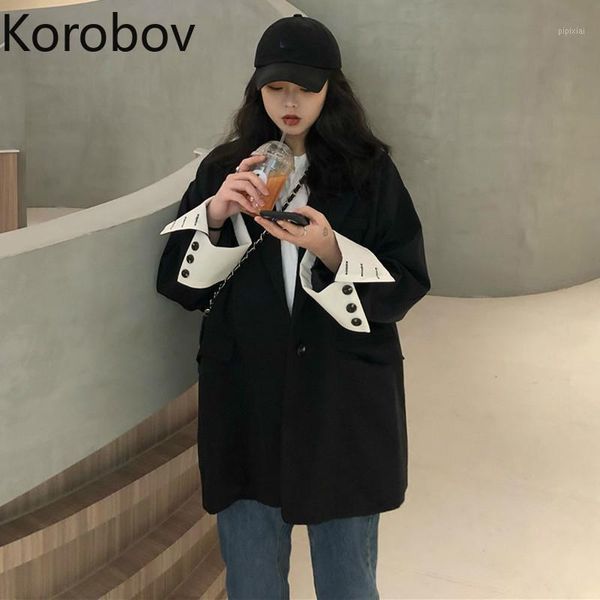 

korobov retro single breast blazer women work style office lady solid casao feminino turn down collar long sleeve coat 2a6901, White;black