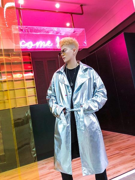 

fashion cazadora larga casual long shiny jacket male hip hop dancer singer stage costume custom made coat trench coat homme, Tan;black