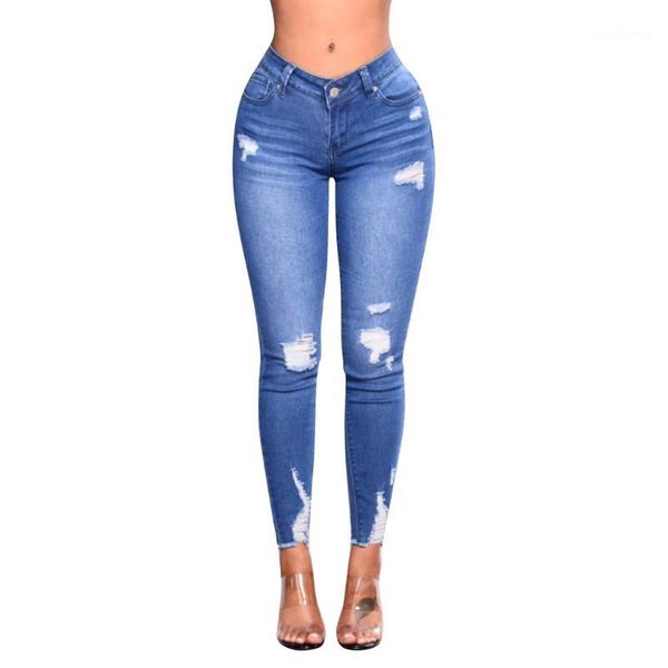 

women high waist jeans pants elastic holes denim jeans pencil pants ripped women's casual trousers 2019 #yj21, Blue