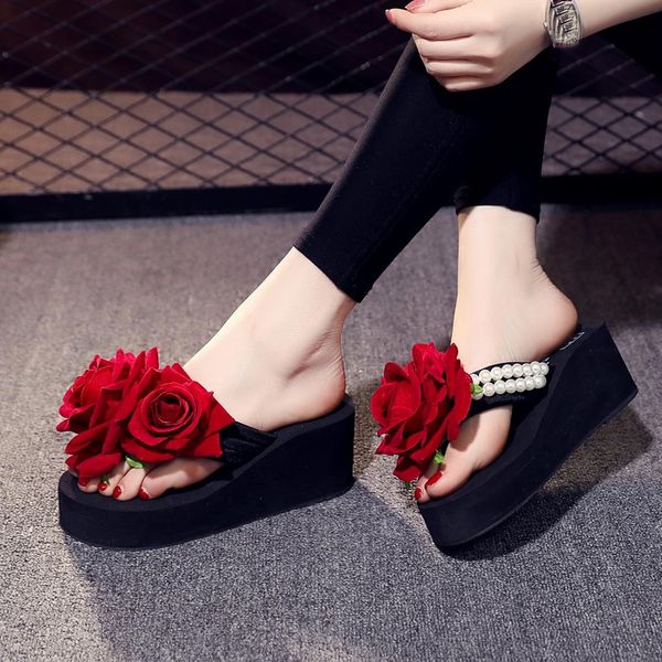 

women slippers summer flower clip toe flip flops ladies girls casual shoes 2020 pearl floral wedges female beach slippers #1230 y200706, Black