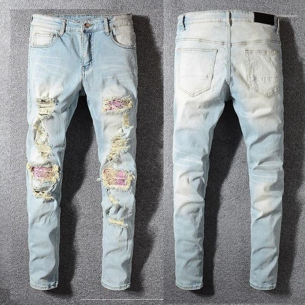 

italy style dsqpleind2 men's distressed destroyed pants colored print ribbed patches skinny blue jeans slim trousers size 28-4011