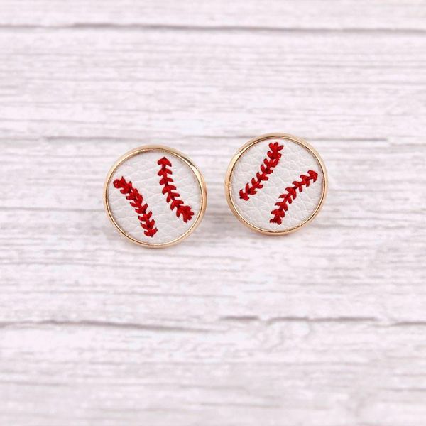 

stud 16mm embroidery baseball leather studs earrings1, Golden;silver
