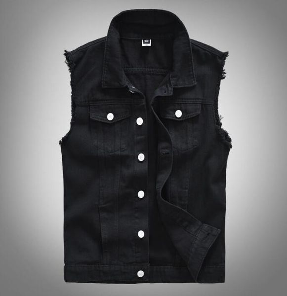 

men's new fashion denim vest casual cowboy jacket in shoulder blouse jacket hip hop retro denim sleeveless jacket streetwear black size, Black;white