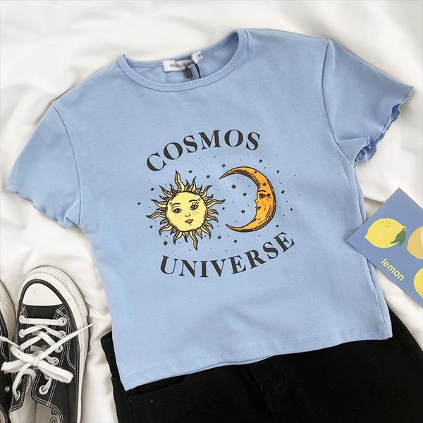 

new 2020 women summer blue cropped sun moon print short sleeve cute stretch slim short t shirt harajuku shirt, White